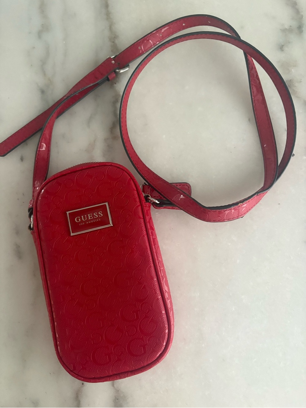 GUESS Red Embossed Logo Crossbody Phone Bag